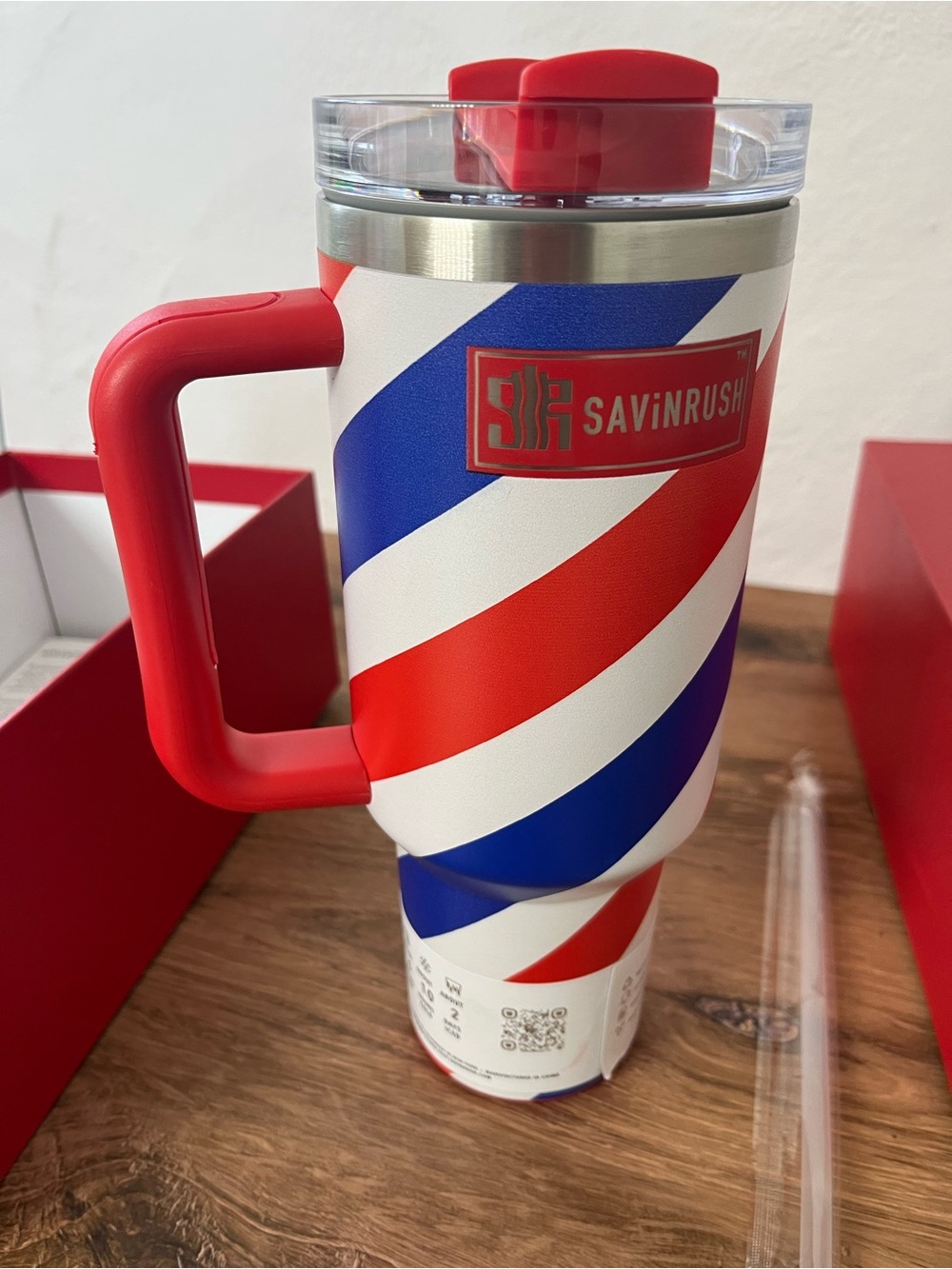 Savinrush 40 oz Stainless Steel tumbler 
Barber pole design